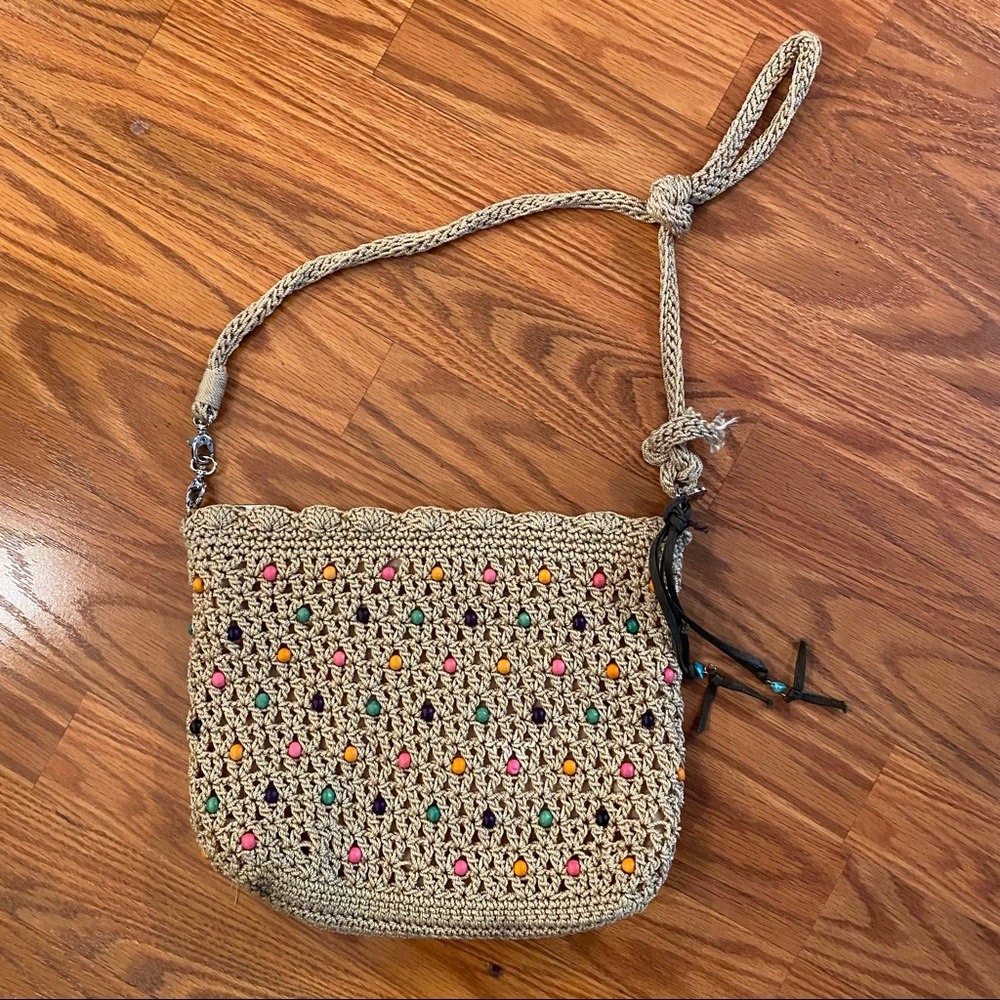 Vintage Y2K does 70’s Beaded Macrame Purse Boho Purse Wooden Bead Bag Crossbody